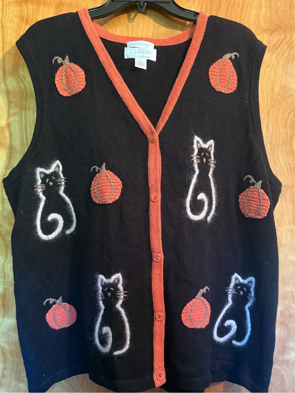 CJ Banks Black & Orange Fall Cat Sweater Vest Womens 1X